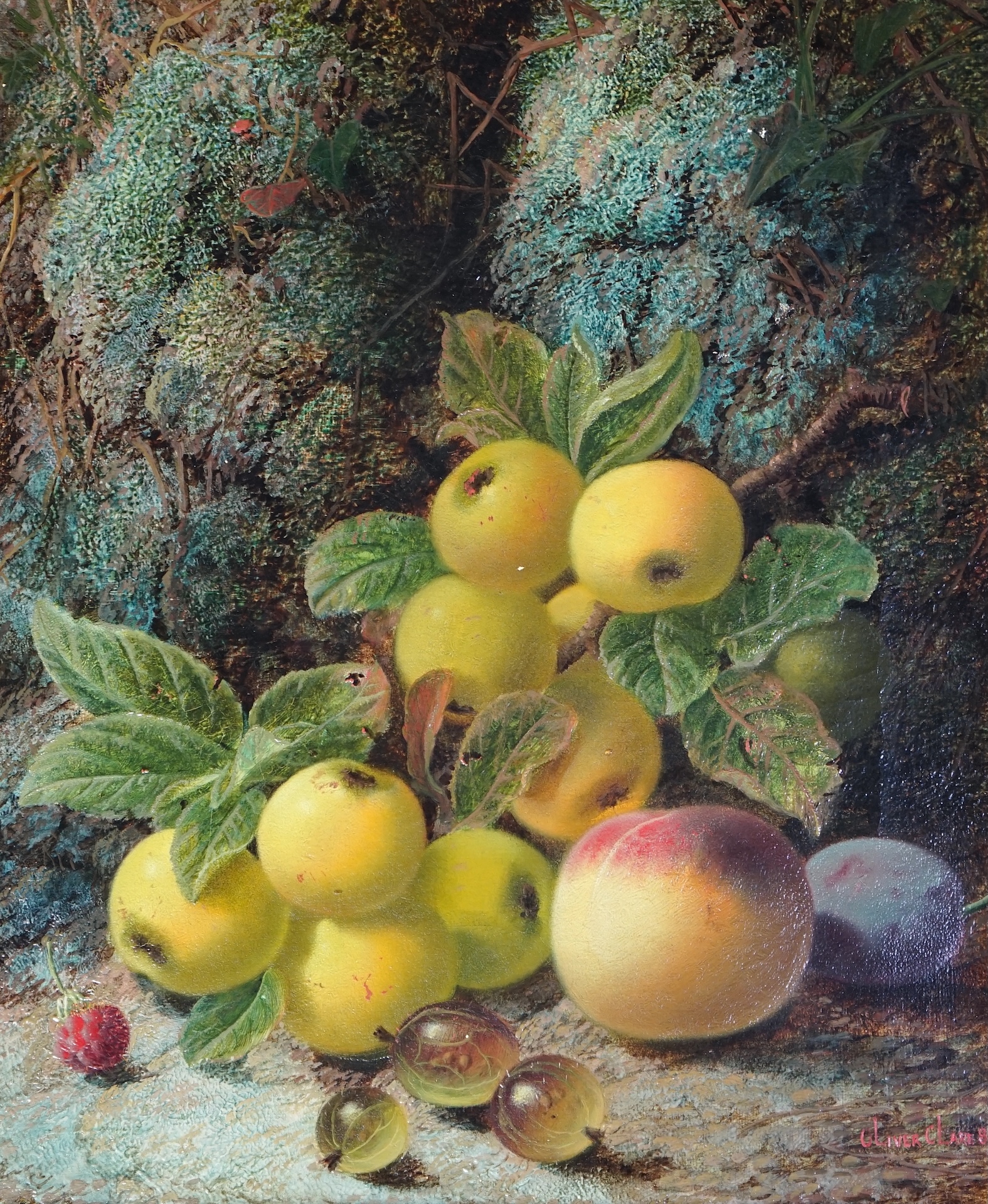 Oliver Clare (British, 1853-1927), Still life of apples, gooseberries, a raspberry, plum and peach, oil on canvas, 30 x 24.5cm